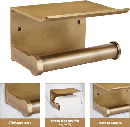Antique Bronze Toilet Paper Holder Wall Mount with Shelf - No Drill 3M Adhesive or Screw Mount Bathroom Tissue Paper Dispenser-Aluminum Storage Rack for Phone, Wipes, Soap-Modern Bathroom Organizer