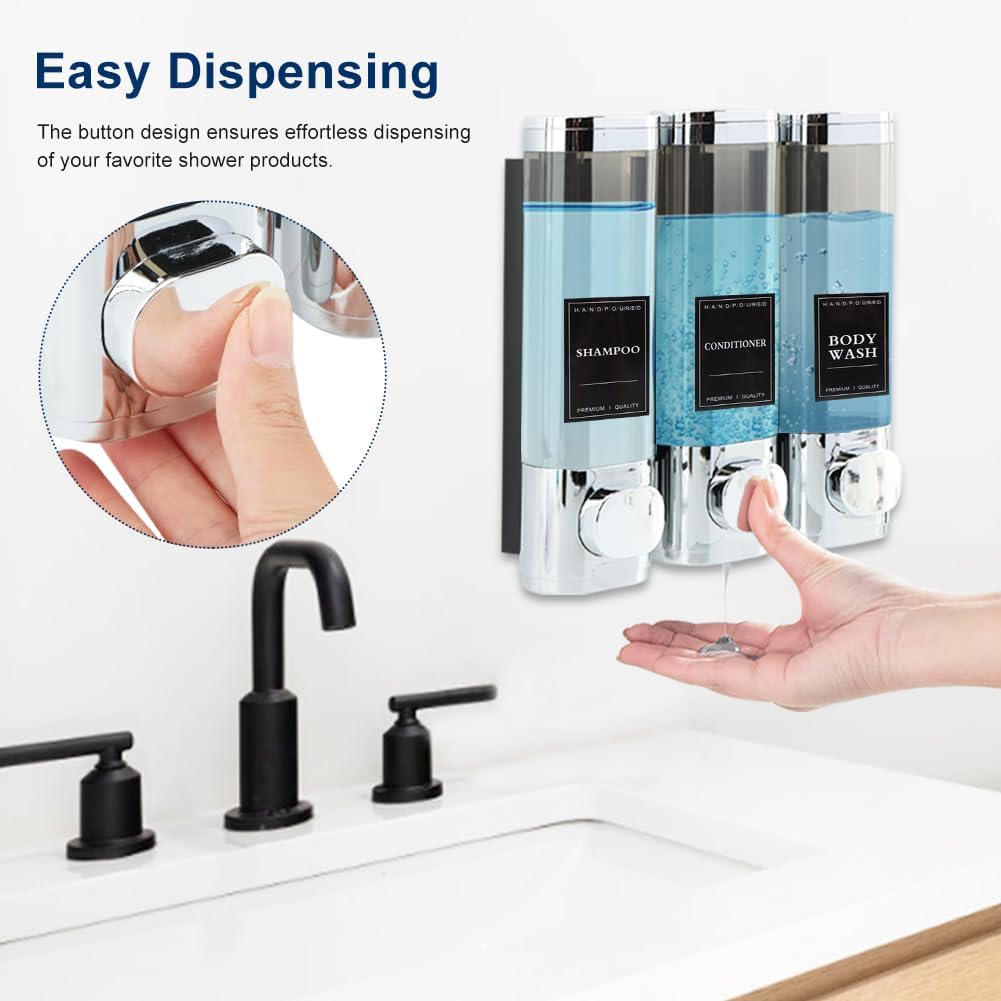 Shampoo and Conditioner Dispenser 3 Chamber No Drill Shower Soap Dispenser Wall Mounted, Shampoo Dispenser for Shower Wall Body Wash Dispenser for Bathroom Toilet Hotel Kitchen
