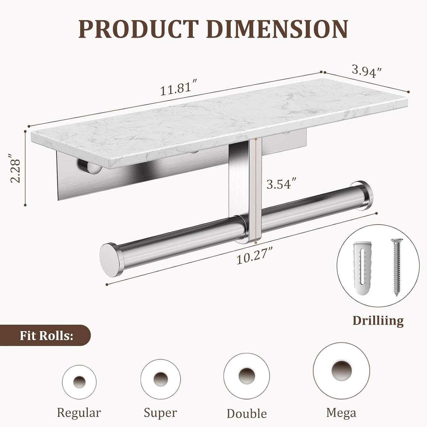 BWE Brushed Gold Toilet Paper Holder with Marble Shelf Wall Mounted | Toilet Paper Roll Holder with Phone Shelf 304 Stainless Steel Tissue Holder for Bathroom Washroom,Saving Space