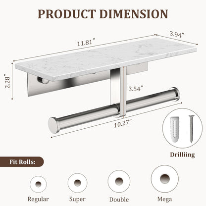BWE Brushed Gold Toilet Paper Holder with Marble Shelf Wall Mounted | Toilet Paper Roll Holder with Phone Shelf 304 Stainless Steel Tissue Holder for Bathroom Washroom,Saving Space