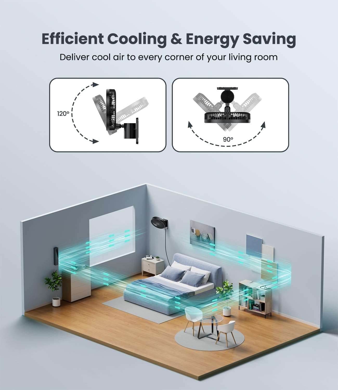LEMOISTAR 8 Inch Small Wall Mounted RV Fan with Remote Control, 90° Oscillating, 4 Speeds, 4 Timer, Adjustable Tilt, 70 Inch Cord, Quiet, for Corner Bedroom Home Office Garage-Black