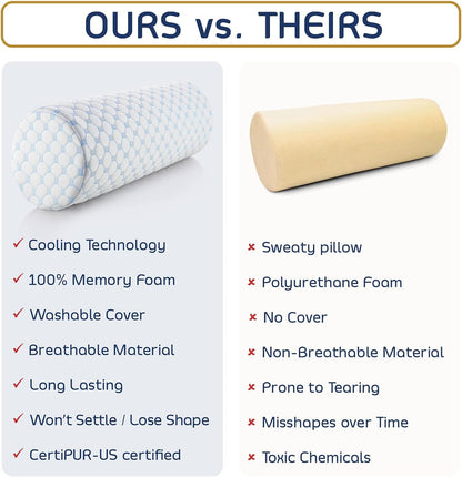 Nestl Neck Roll Pillow for Pain Relief - Premium Memory Foam – Bolster Pillow for Sleeping with a Breathable Cooling Cover - Comfy Cylinder Neck Roll Pillow