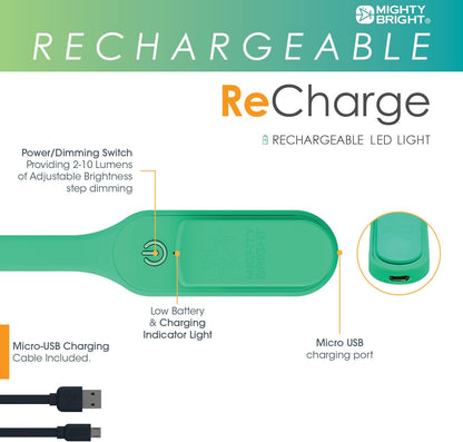 The Original Mighty Bright Recharge Clip On Rechargeable Book Light Reading Light, Warm Eye Care LEDs, Flexible, Durable, Dimmable, Perfect for Kids, Bookworms, Reading in Bed, Lasts 60 Hours (Green)