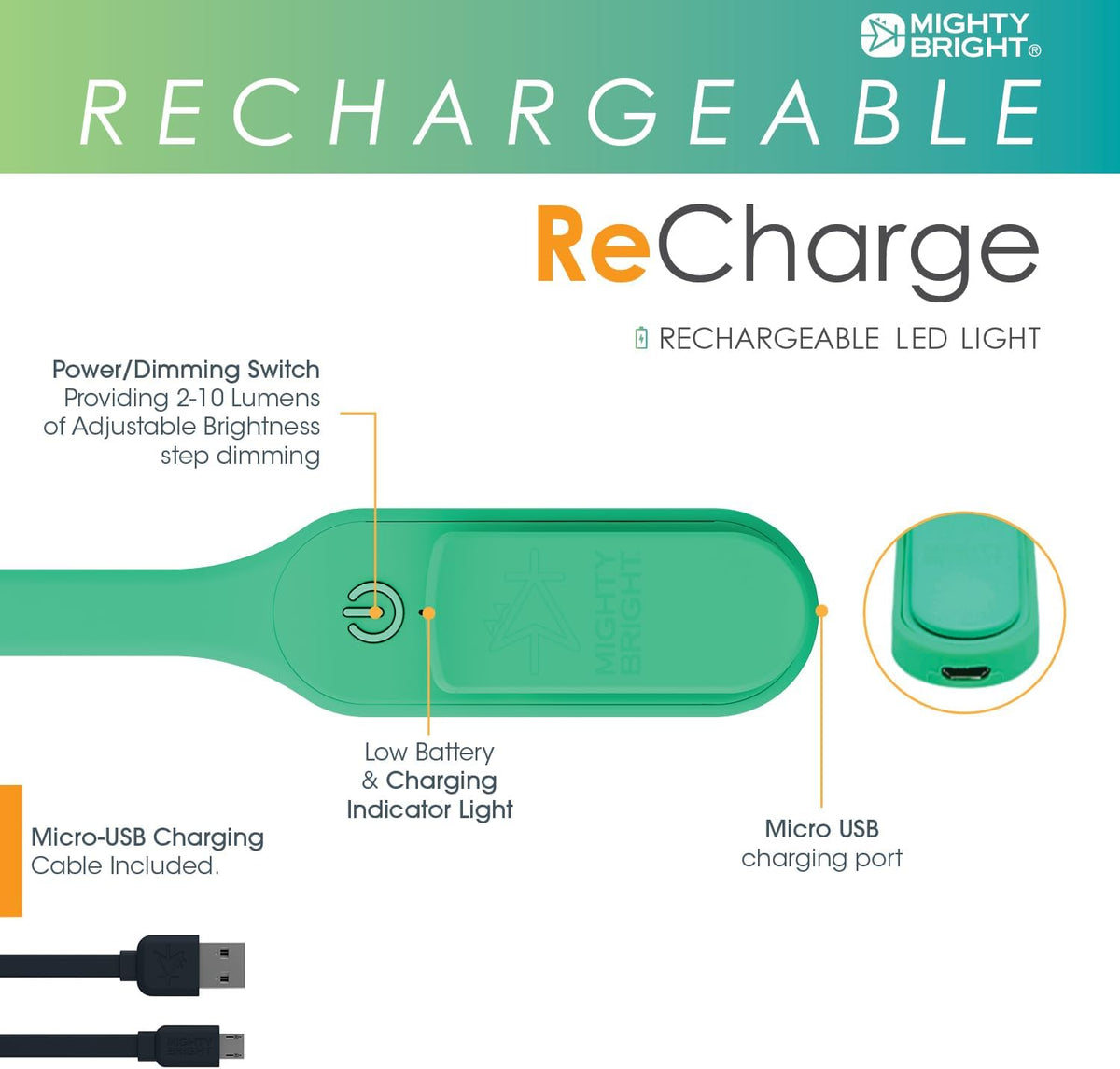 The Original Mighty Bright Recharge Clip On Rechargeable Book Light Reading Light, Warm Eye Care LEDs, Flexible, Durable, Dimmable, Perfect for Kids, Bookworms, Reading in Bed, Lasts 60 Hours (Green)