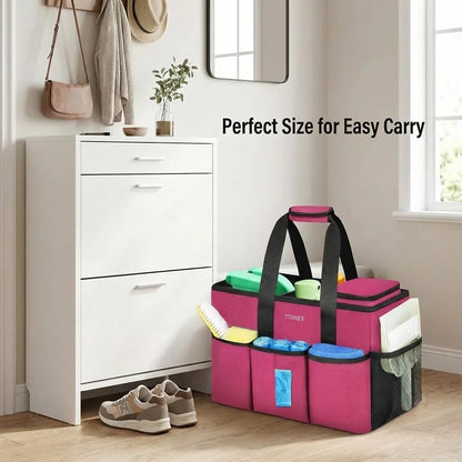 Ytonet Portable Cleaning Caddy with Handle, Water Resistant Cleaning Bag | with Handle & Foldable Divider for Cleaners, Housekeeping Tote for Kitchen & Bathroom, Car Tool Caddy Organizer Bag, Rosered