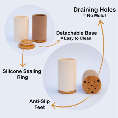 Matani Bamboo Toothbrush Holder Diatomite Tooth Brush Organizer - Storage Stand for Small Bathroom & Counter - Removable Base & Drain Holes, Water-Absorbent & Quick-Drying (Brown)