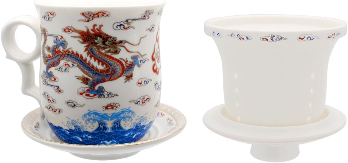 Porcelain Tea Cup with Infuser Lid and Saucer Sets - Chinese Jingdezhen Ceramics Coffee Mug Teacup Loose Leaf Tea Brewing System for Home Office