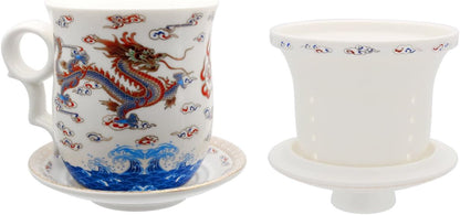 Porcelain Tea Cup with Infuser Lid and Saucer Sets - Chinese Jingdezhen Ceramics Coffee Mug Teacup Loose Leaf Tea Brewing System for Home Office