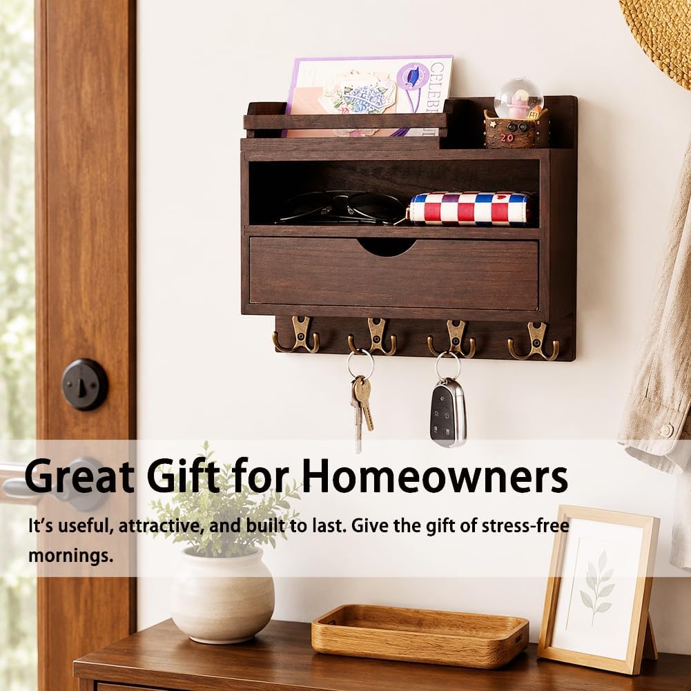 Key and Mail Holder for Wall, Wooden Key and Mail Organizer | Decorative Paulownia Wood Key Rack with Drawer and 8 Hooks for Dog Leash and Sunglasses, for Bags, Coats, Umbrella