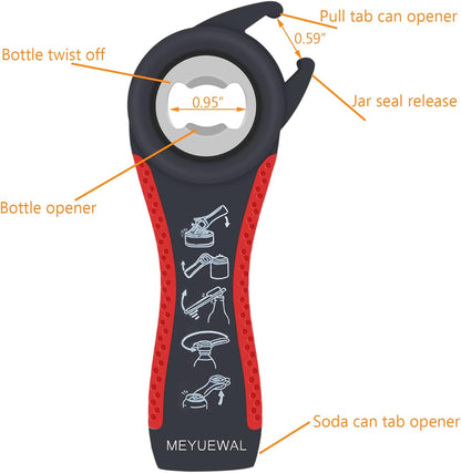 Jar Opener Bottle Opener for Weak Hands, 5 in 1 Multi Function Can Opener Bottle Opener Kit with Silicone Handle Easy to Use for Children, Elderly and Arthritis Sufferers (New red)