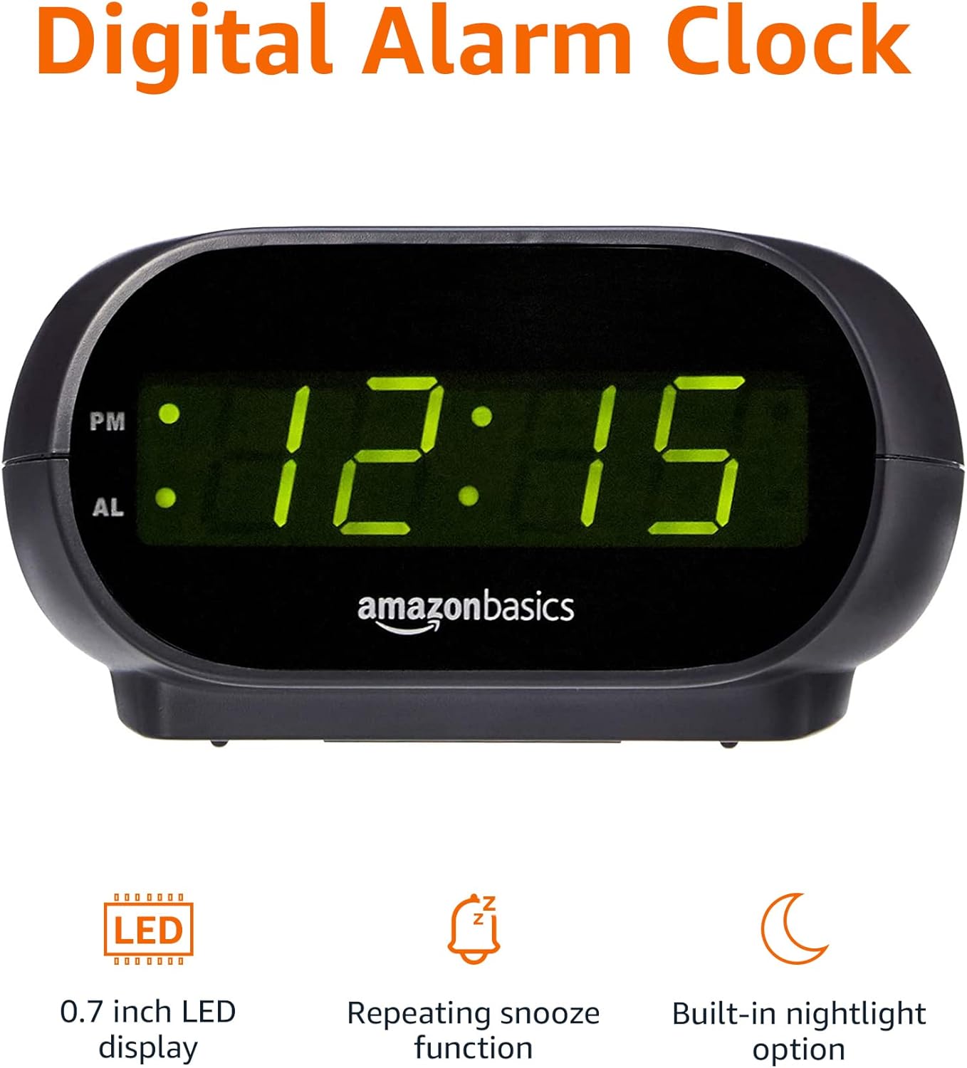 Amazon Basics Small Digital Oval Alarm Clock with LED Display, Nightlight, Snooze Function & Battery Backup, Black, 4.5 x 3.5 x 2.4 Inches
