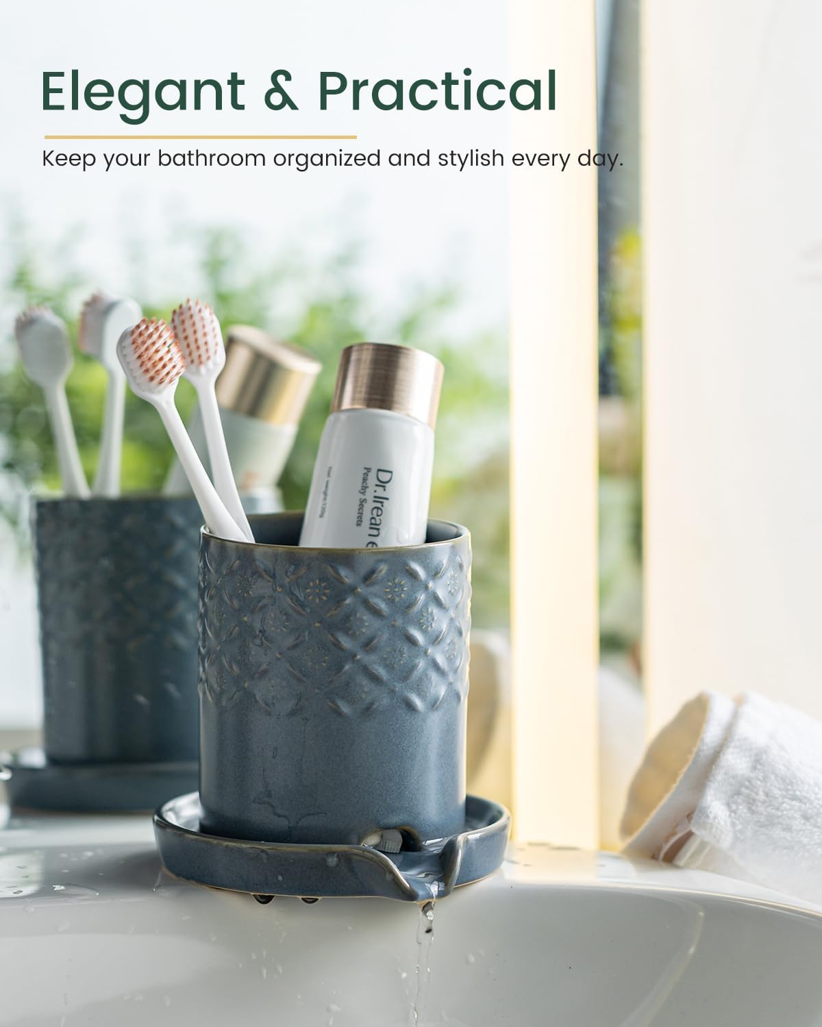Zoeeker Toothbrush Holder with Drainage, Ceramic Toothbrush Holders Set | Electric Toothbrush & Toothpaste Holder for Bathrooms Self-draining Tooth Brush Cup Countertop Organizers for Family, Yellow
