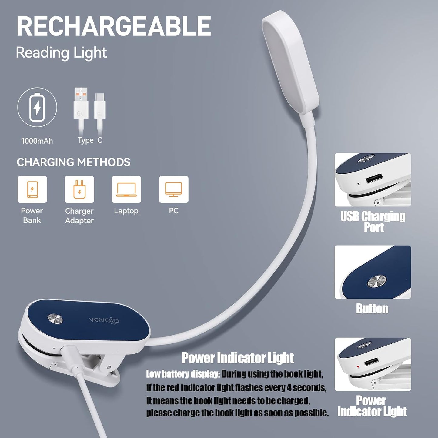 VAVOFO Rechargeable Book Light, 14 LEDs Eye Care Clip On Amber Reading Light for Bookworms Reading in Bed with 9 Colors 9 Brightness (Blue)