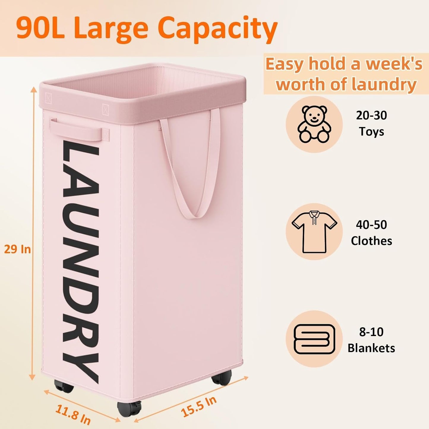 Optish Laundry Basket with Wheels, 90L Rolling Laundry Hamper with Wheels, Large Clothes Hamper on Wheel with Removable Mesh Bag for Bedroom, Dorm Room Essentials, Black