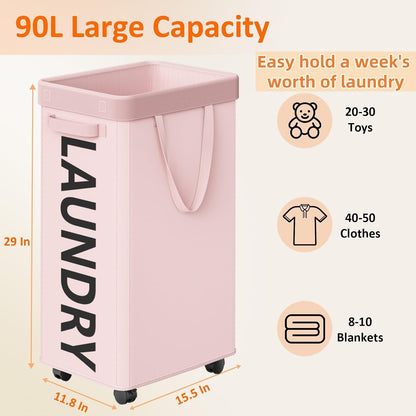 Optish Laundry Basket with Wheels, 90L Rolling Laundry Hamper with Wheels, Large Clothes Hamper on Wheel with Removable Mesh Bag for Bedroom, Dorm Room Essentials, Black