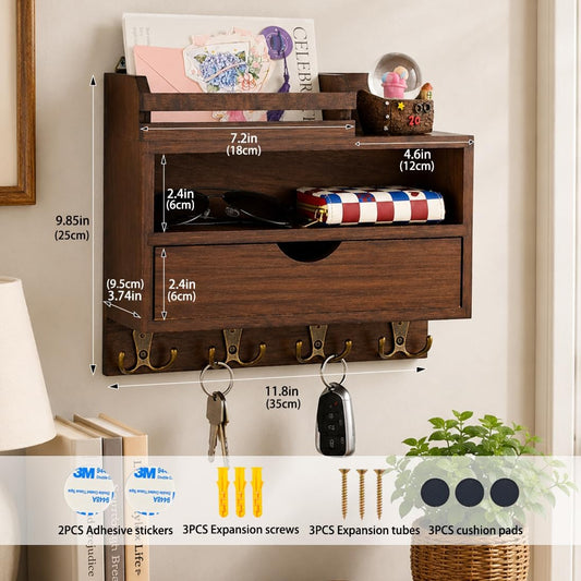 Key and Mail Holder for Wall, Wooden Key and Mail Organizer | Decorative Paulownia Wood Key Rack with Drawer and 8 Hooks for Dog Leash and Sunglasses, for Bags, Coats, Umbrella