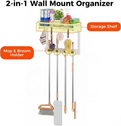 Broom Holder Wall Mount with Shelf, Black, L | 3 in 1 Broom and Mop Organizer, Wall Hanging, For Laundry, Garage, Utility, Vacuum Stand Alternative