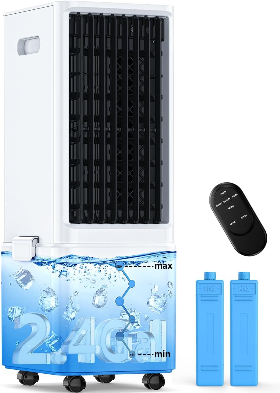 Windowless Air Conditioner w/4 Mode,3 Speed, Waterless Alert,2.4-Gal Tank for 24H Cooling, 12H Timer Swamp Cooler Air Conditioner, 20FT Remote,70° Auto Swing Evaporative Air Cooler for Bedroom