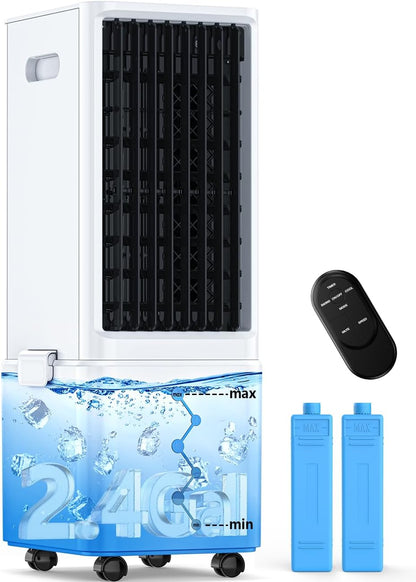 Windowless Air Conditioner w/4 Mode,3 Speed, Waterless Alert,2.4-Gal Tank for 24H Cooling, 12H Timer Swamp Cooler Air Conditioner, 20FT Remote,70° Auto Swing Evaporative Air Cooler for Bedroom
