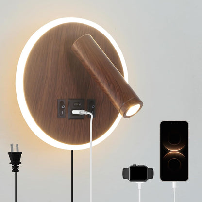 Plug in Wall Sconce with Wall Mounted Reading Lights with Switch | Wall Lamp for Bedroom with Charging Station USB C+A Ports,Bunk Bed Lights with 3W+9W Night Light,Walnut Color Reading Light
