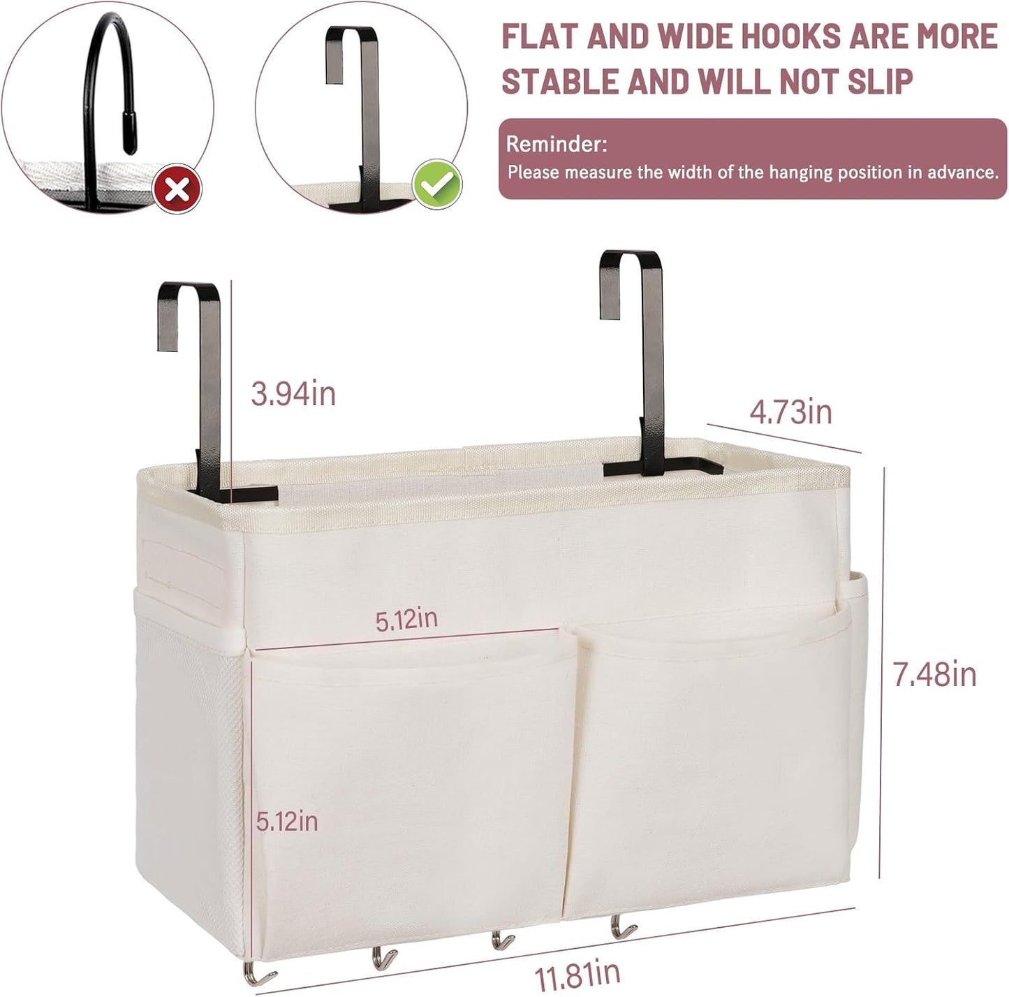 Bedside Caddy Organizer 5 Pockets and 4 Hooks for Bunk Bed Pink | Hanging Storage Bag for Headboards
