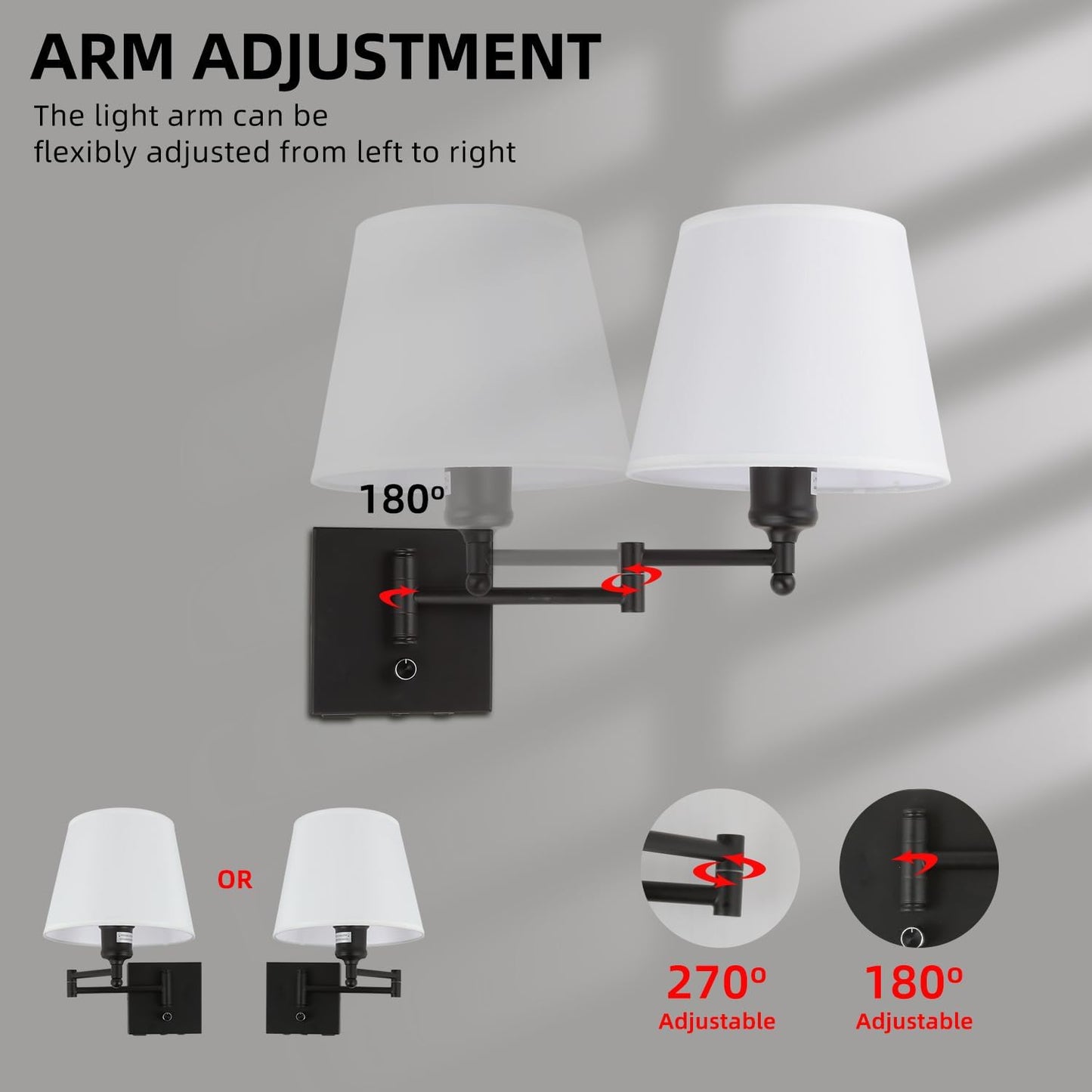 Bedside Wall Mount Light with Dimmable Switch and Outlet, Swing Arm Fabric Shade Wall Sconce Light with USB Port and Plug in Cord, Black Wall Lamp for Bedroom, Living Room and Hotel