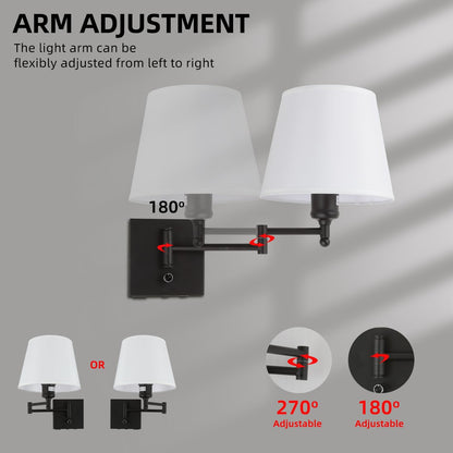 Bedside Wall Mount Light with Dimmable Switch and Outlet, Swing Arm Fabric Shade Wall Sconce Light with USB Port and Plug in Cord, Black Wall Lamp for Bedroom, Living Room and Hotel