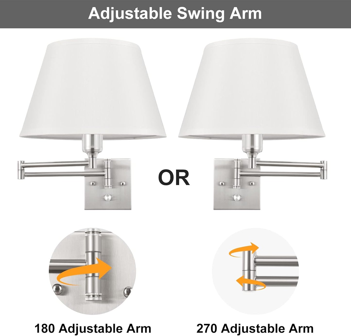 TRLIFE Wall Sconce Plug in, Dimmable Wall Sconces Set of Two Swing Arm Wall Lights with Plug in Cord and On/Off Dimmer Rotary Switch, 9.4" Medium Beige Fabric Shade(2 Pack, 2 Bulbs)