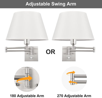 TRLIFE Wall Sconce Plug in, Dimmable Wall Sconces Set of Two Swing Arm Wall Lights with Plug in Cord and On/Off Dimmer Rotary Switch, 9.4" Medium Beige Fabric Shade(2 Pack, 2 Bulbs)