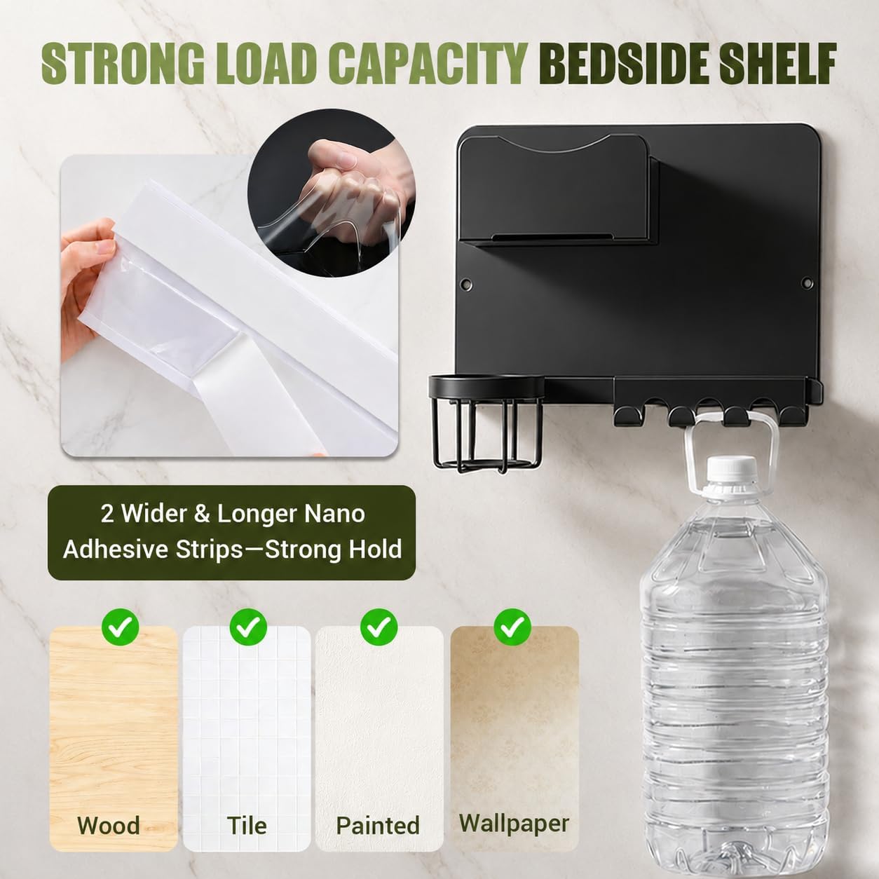 Floating Bedside Wall Shelf, Metal Bedside Wall Organizer with Detachable Cup Holder, No Drill Wall Mounted Storage for Bedroom, Dorm, Loft Bed, Bunk Bed & Small Space Organization