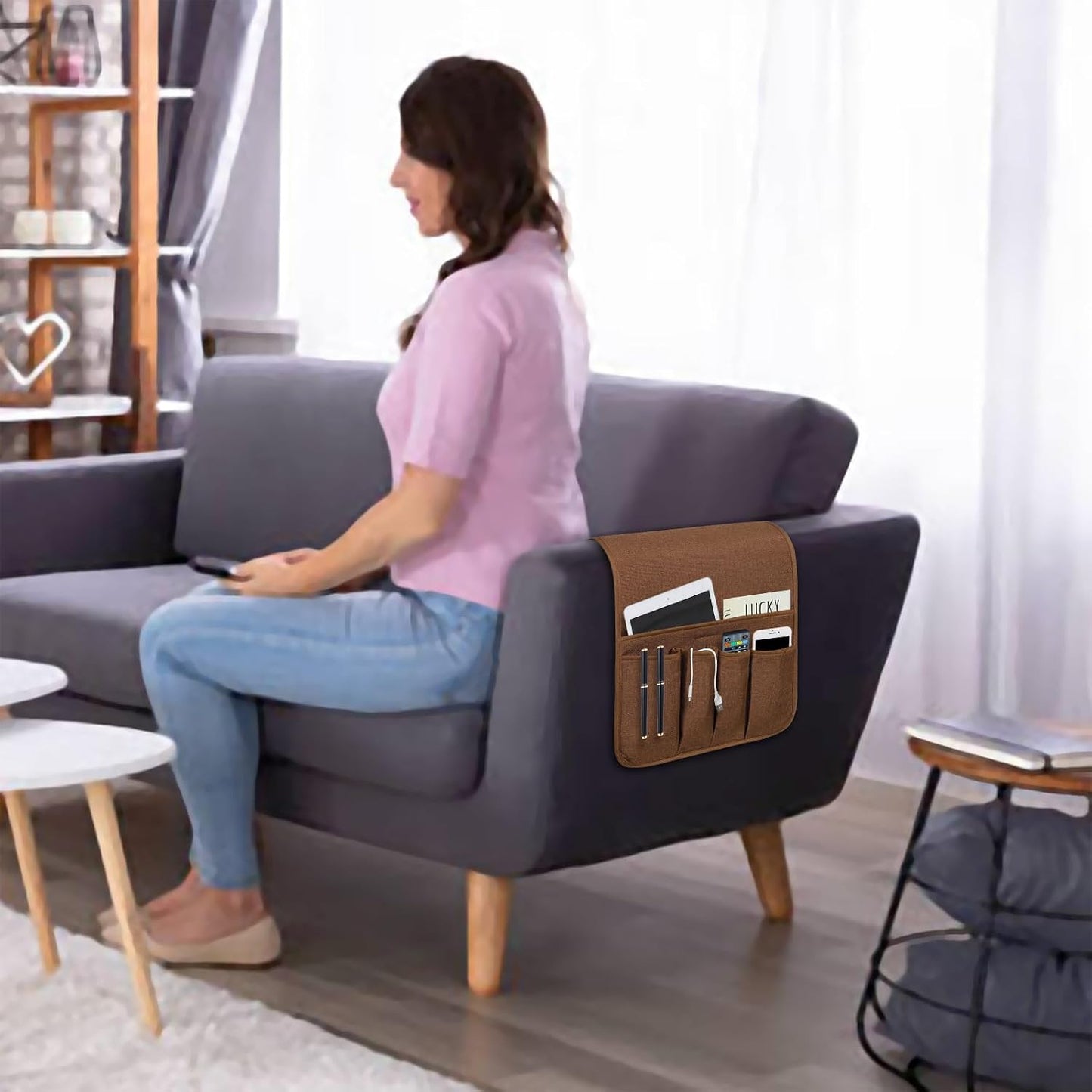 Remote Control Holders for Armchairs, Couch Caddy, Featuring Non-Slip Bases | 5 Pockets Bedside Storage Pocket for TV Remote Holder, Phone Tablet Kindle, Magazines, Gifts for Seniors (Beige, 35"X12.4")