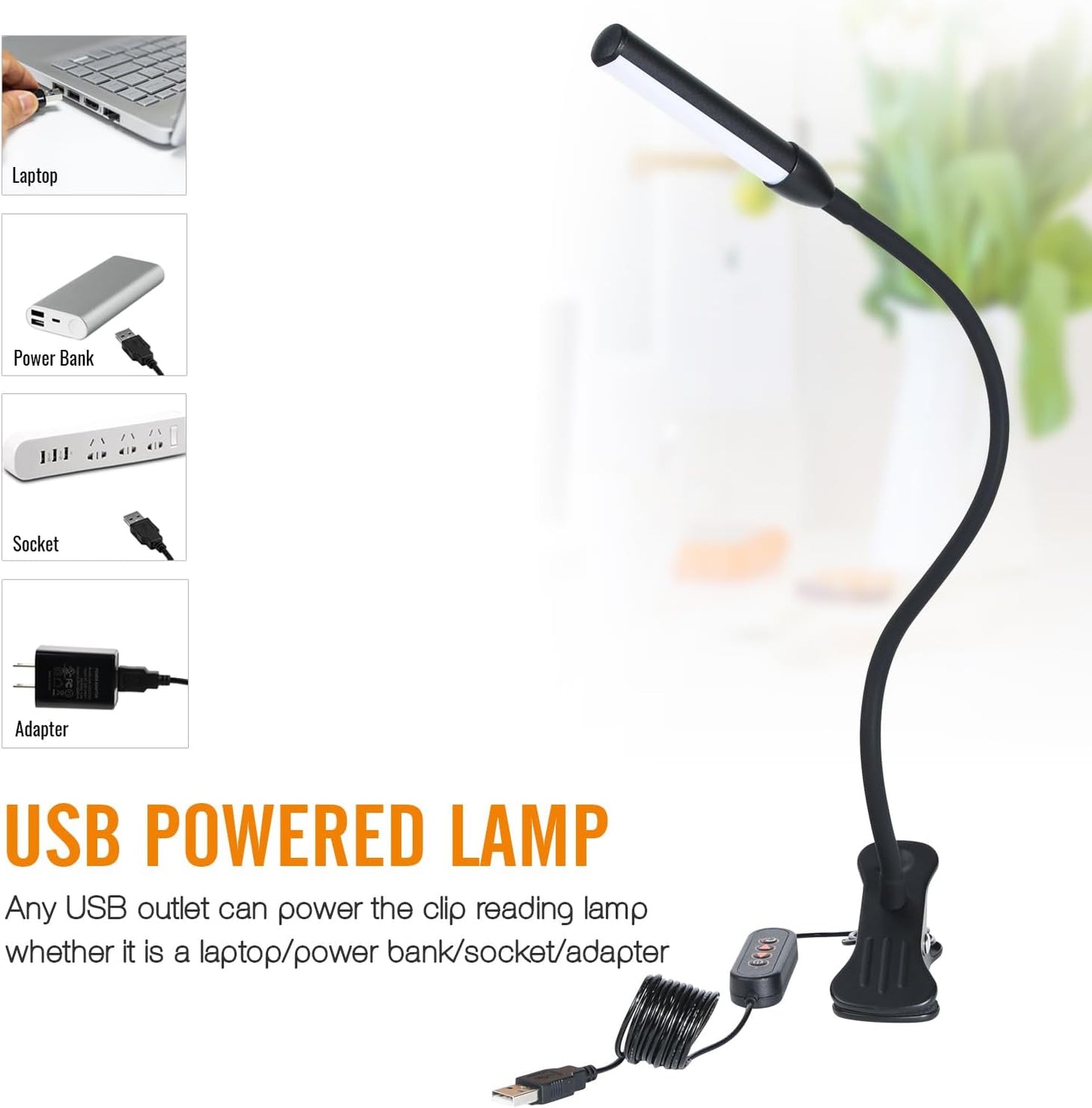 Clip on Reading Lamp, Clip Light, Warm & Daylight & White Light 3 Colors, Eye-Care Clamp Lamp with 10 Dimmable Illumination Modes