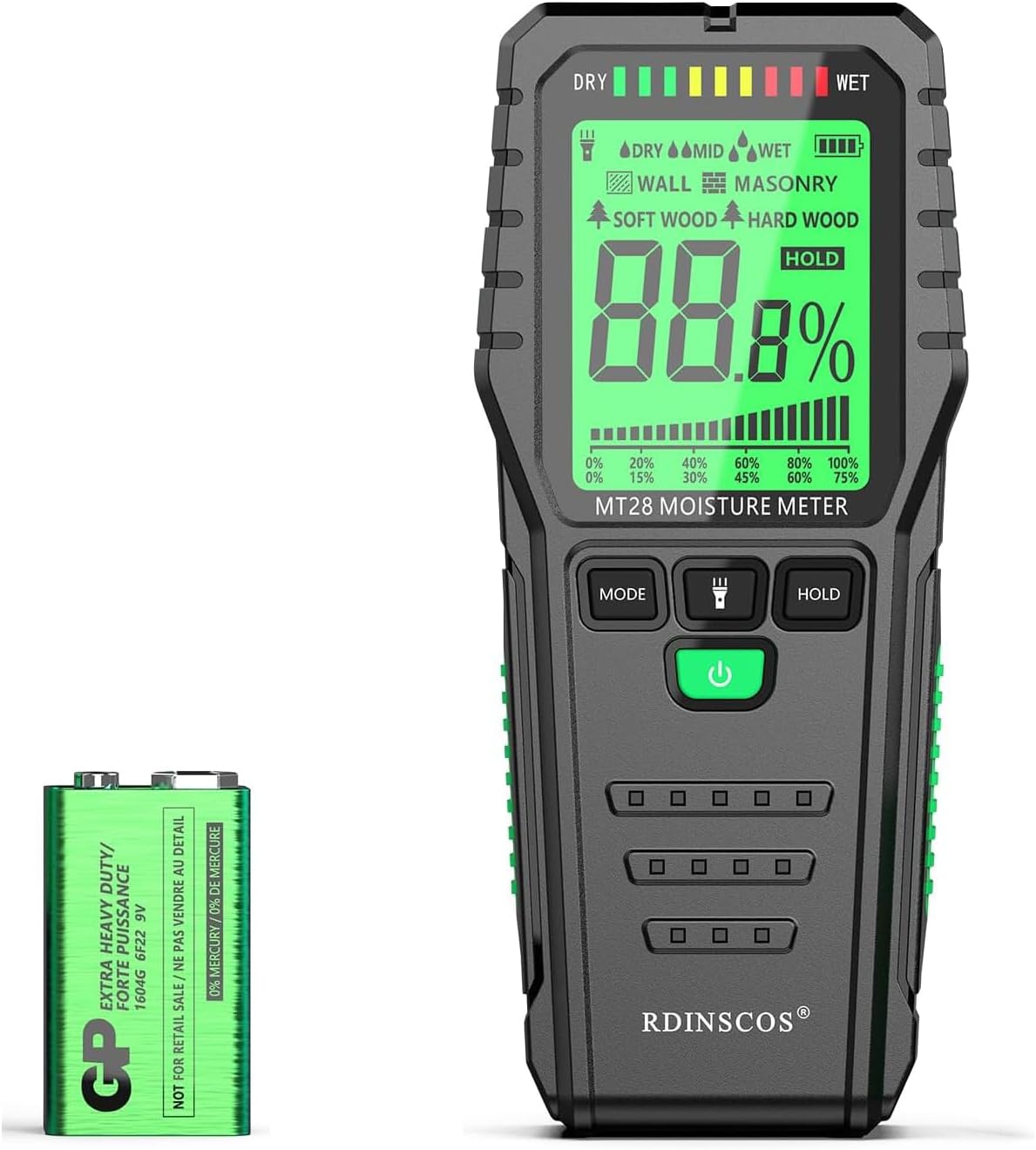 Pinless Moisture Meter for Wall,Floor – Digital Moisture Tester | With 3-Color LCD Display, Audible Alarm & HOLD Function, Ideal for Home Inspections