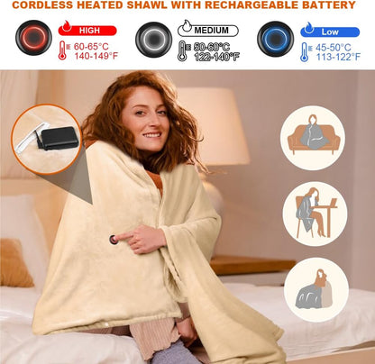 Heated Blanket Battery Operated with Fleece Lining 7.4V 16000mAh Battery 62" x 35" Heated Shawl Wraps for Women Men Cordless USB Outdoor Portable Electric Blanket 6 Heating Zones Khaki