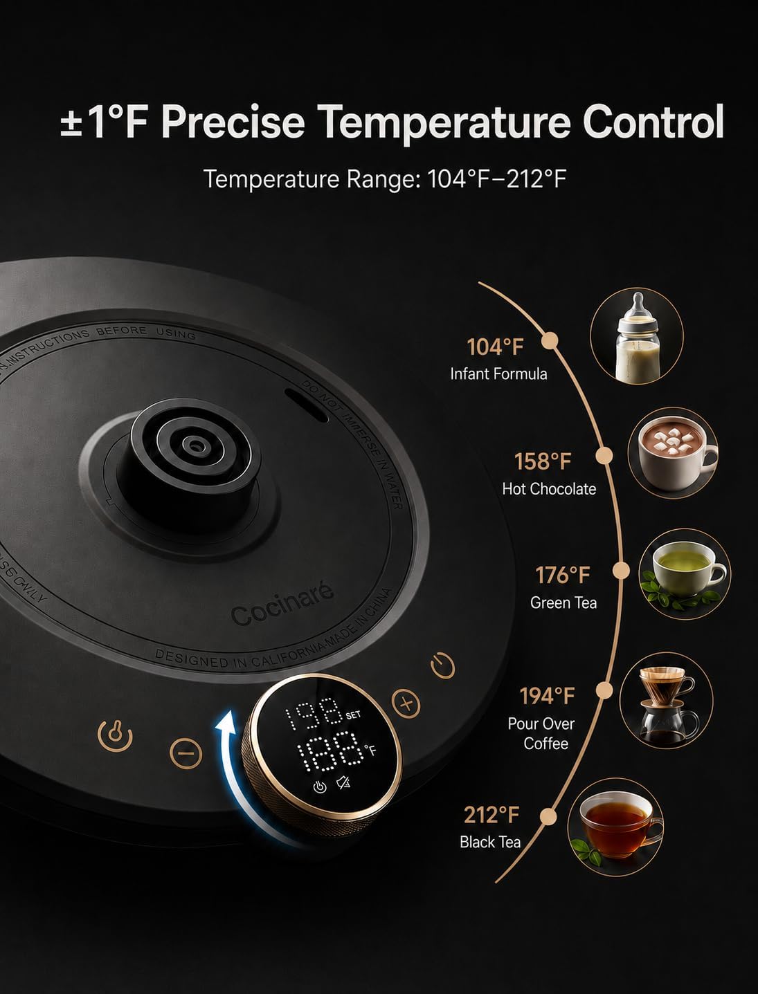 Cocinare Gooseneck Electric Kettle, ±1°F Precise Temperature Control, 1500W Fast Heating, Pour Over Coffee & Tea Kettle with Brew Timer & Keep Warm, Stainless Steel, 0.9L (Matte Black)