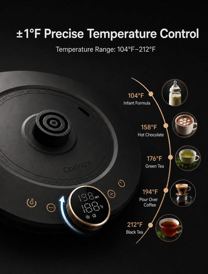 Cocinare Gooseneck Electric Kettle, ±1°F Precise Temperature Control, 1500W Fast Heating, Pour Over Coffee & Tea Kettle with Brew Timer & Keep Warm, Stainless Steel, 0.9L (Matte Black)