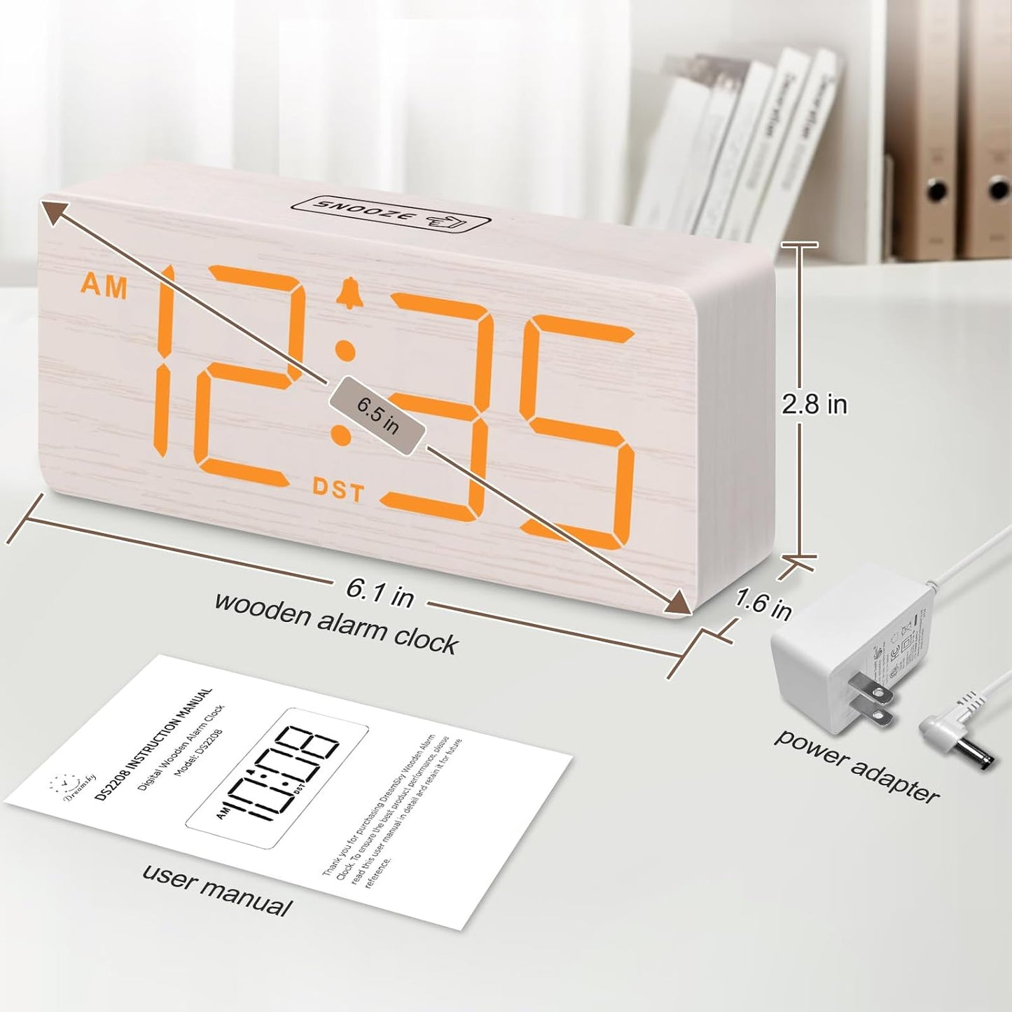 DreamSky Wooden Digital Alarm Clock for Bedroom with Large Numbers | Desk Clock for Living Room Office, Loud Alarm for Heavy Sleepers Adults, Volume Control, Dimmer, DST, Wood Decor (Plug-in)
