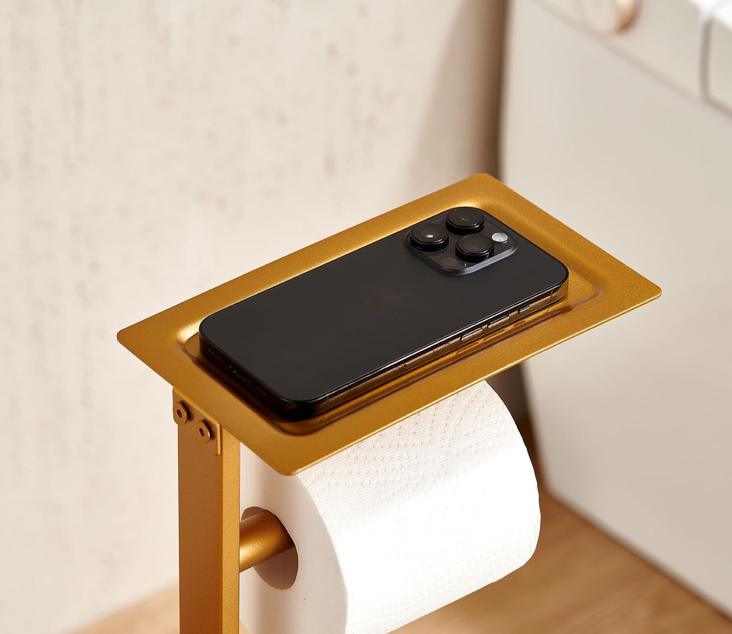 Miyili Matte Black Freestanding Toilet Paper Holder with Shelf, Premium SUS 304 Stainless Steel Bathroom Storage Organizer & Paper Towel Dispenser