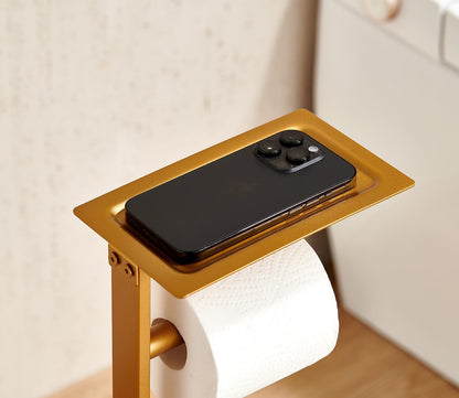 Miyili Matte Black Freestanding Toilet Paper Holder with Shelf, Premium SUS 304 Stainless Steel Bathroom Storage Organizer & Paper Towel Dispenser