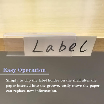 Shelf Label Holder, ELEMGULY 50 Pack Wood Shelf Label Holders Plastic Shelf Label Clip Clear Shelf Sign with 50 Pack Label Inserts for Home Office Library Shelves