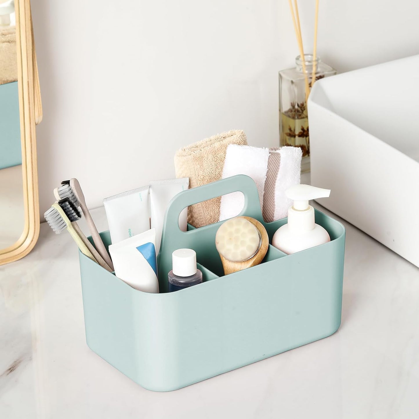 Multiuse Caddy Organizer with Handle, Portable Divided Plastic Tote Bin - Art Craft, Stationary Pen Marker Crayons, Makeup Hair Supplies Storage - Bathroom, Classroom, Dorm, Office, Desk Holder - Grey