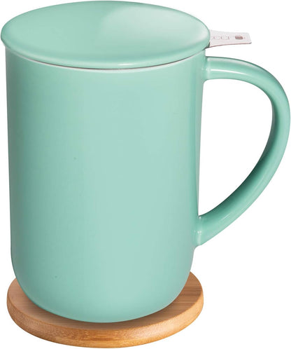 CEEFU 16oz Porcelain Tea Mug with Infuser, Lid and Coaster | Teaware with Filter, Loose Leaf Tea Cup Steeper Maker, Tea/Coffee/Milk/Women/Office/Home/Gift, Navy Blue