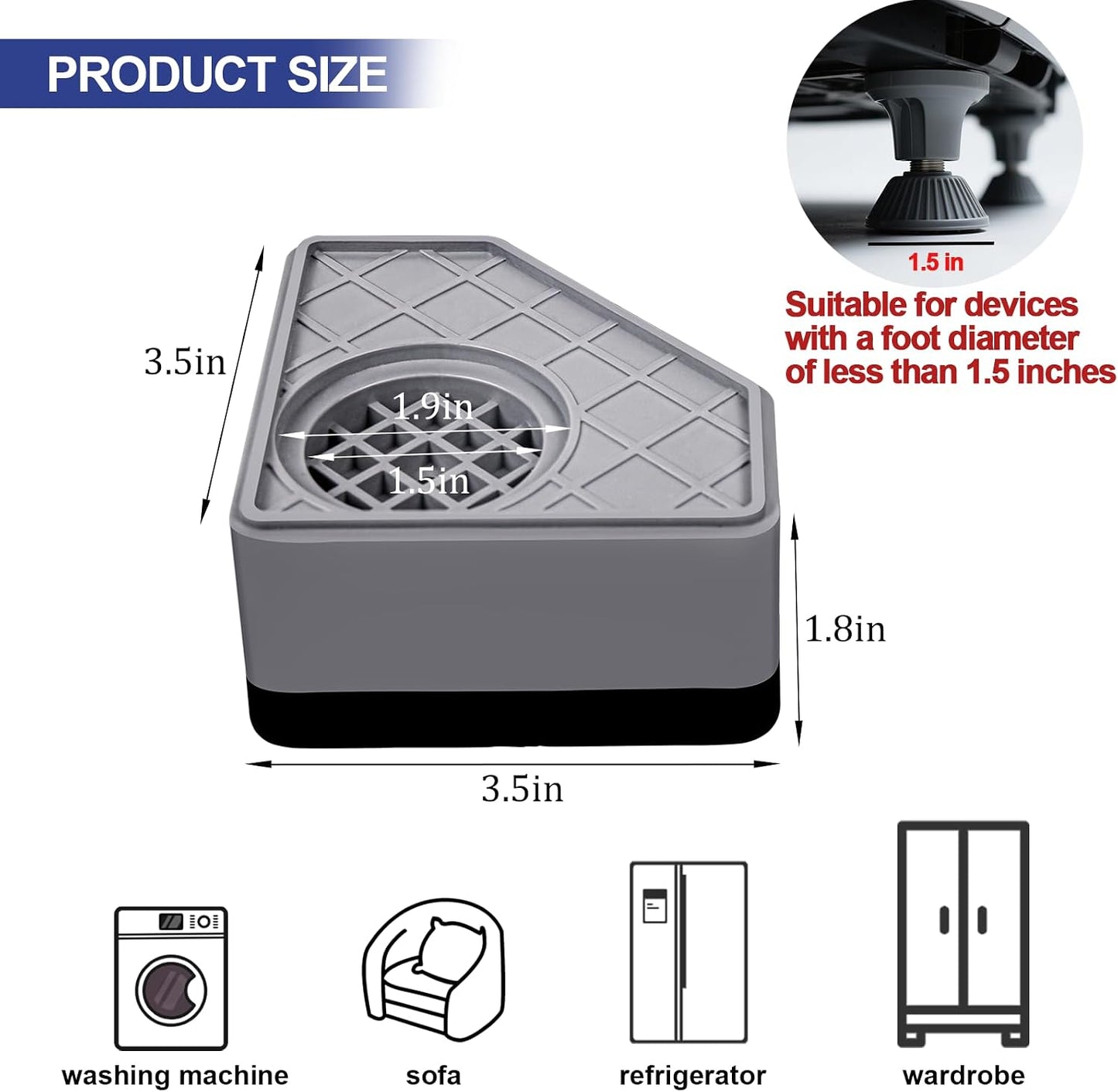 4Pcs Anti Vibration Pads for Washing Machine, Reduce Washer Dryer Moving | Washer and Dryer Pedestals,Prevents Noise Vibration Transfer, Antivibration Stabilizer Support Feet (Increase1.8in)