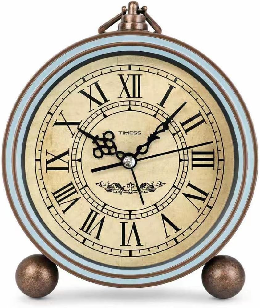 TIMESS 4.3-Inch Vintage Analog Alarm Clock, Silent Non-Ticking, Brown