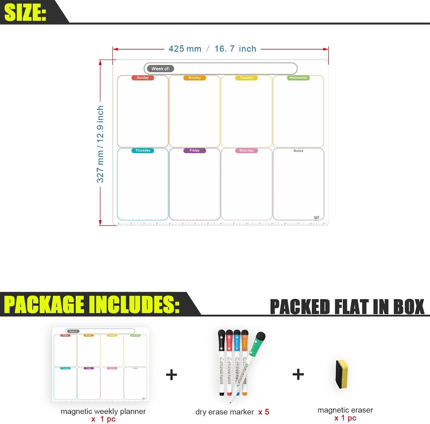 Magnetic Calendar for Fridge, Dry Erase Weekly Planner, 13" x 16.9" | Strong Magnetic Hold, Vertical Weekly Layout, Large Daily Spaces, Easy to Clean, Color-Coded, Dual-Magnet Markers & Eraser