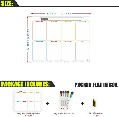 Magnetic Calendar for Fridge, Dry Erase Weekly Planner, 13" x 16.9" | Strong Magnetic Hold, Vertical Weekly Layout, Large Daily Spaces, Easy to Clean, Color-Coded, Dual-Magnet Markers & Eraser