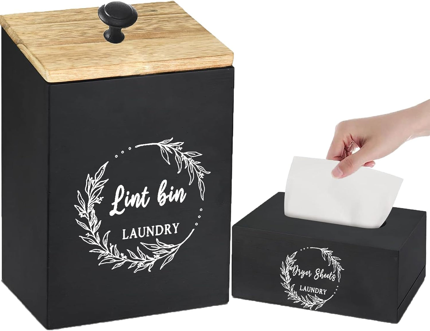 Magnetic Lint Bin and Dryer Sheet Holder Set for Laundry Room, Farmhouse Wooden Lint Trash Can with Lid and Dryer Sheet Dispenser Box Magnetic for Mounting on Dryer,Stylish Laundry Room Organiz(Black)