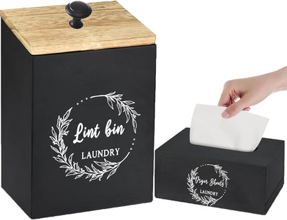 Magnetic Lint Bin and Dryer Sheet Holder Set for Laundry Room, Farmhouse Wooden Lint Trash Can with Lid and Dryer Sheet Dispenser Box Magnetic for Mounting on Dryer,Stylish Laundry Room Organiz(Black)