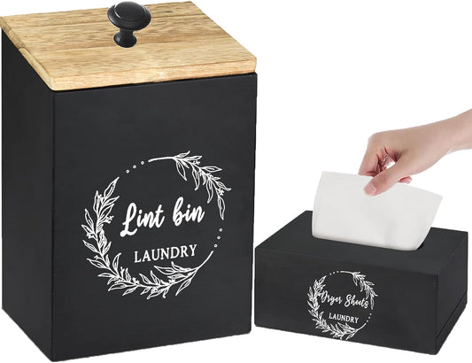 Magnetic Lint Bin and Dryer Sheet Holder Set for Laundry Room, Farmhouse Wooden Lint Trash Can with Lid and Dryer Sheet Dispenser Box Magnetic for Mounting on Dryer,Stylish Laundry Room Organiz(Black)