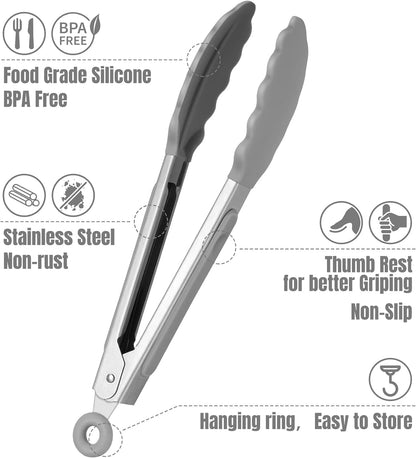 Hotec Mini Silicone Kitchen Tongs for Cooking - 7-Inch Small Serving Tongs with Silicone Tips, Set of 3 (Black,Grey,Light Blue)